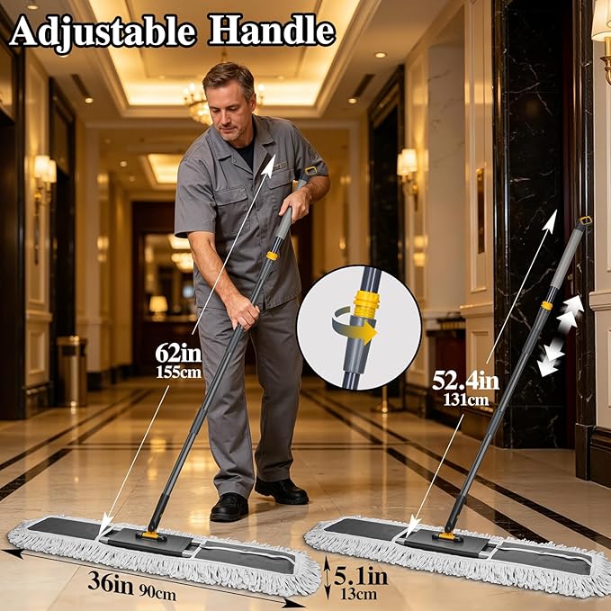 36” Commercial Dust Mop with 62” Adjustable Handle & 3 Reusable Pads | Large Heavy Duty Industrial Push Mops for Home,Hotel,Mall,Warehouse