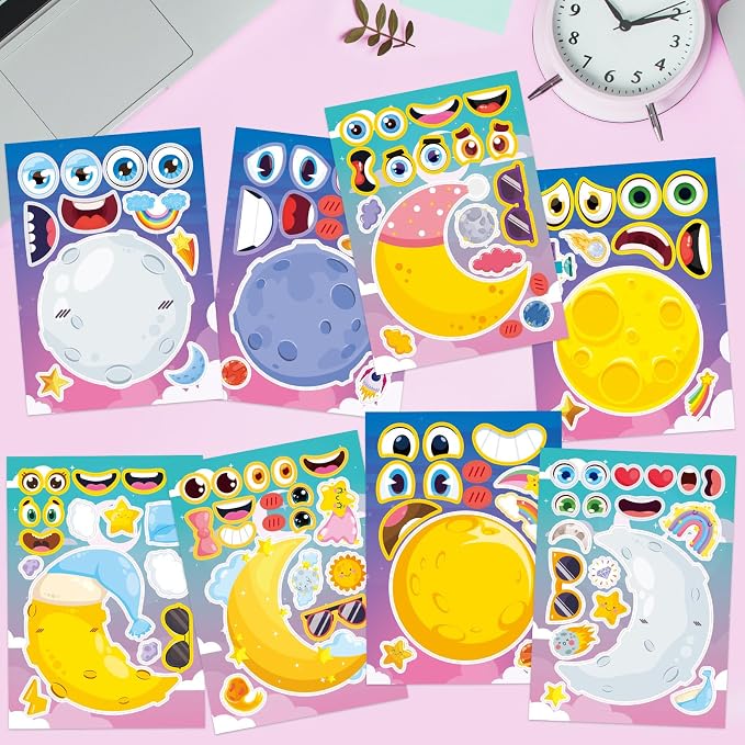 24 Sheets Moon Make a Face Sticker, Moon Mix and Match Stickers DIY Crafts for Home School Classroom Activity Reward Party Favors