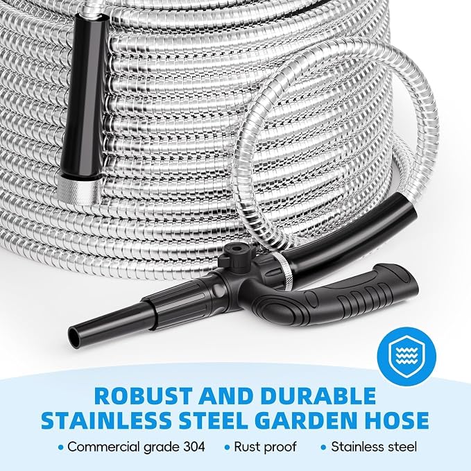 SPECILITE 100ft 304 Stainless Steel Metal Garden Hose with Independent Grip | Adjustable Brass Nozzle, 3/4" Solid Brass Connectors, Flexible, Puncture Resistant, Non-Expandable for Yard Outdoor Lawn