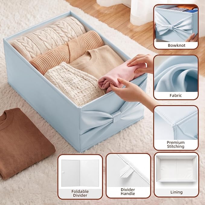 2 Pack Satin Fabric Closet Storage Boxs, 18.5×11×7.9 IN Foldable Organizer Bins with Bowknot, Soft & Sturdy Pink/Blue Storage Baskets for Home Organization, Clothing, Toys, Caps (2 Pack Blue)