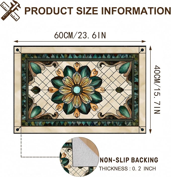Stained Glass Floral Laundry Mat 23.6 x 19.6 Inch (Retro Green)