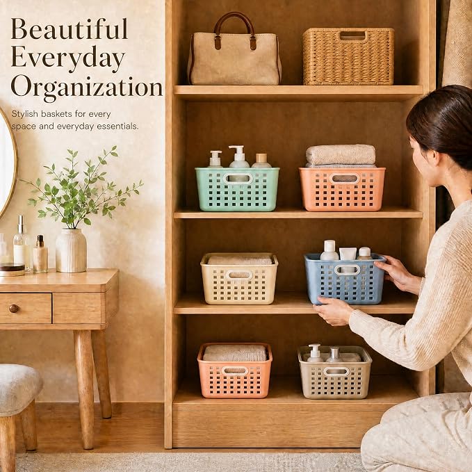 6 Pack Plastic Classroom Storage Baskets, Organizer Bins with Handle | Vintage Color 11" × 7.1" × 4.6" Medium Papers Book Storage Organizer for School Classroom Library Office Home Desktop Closets