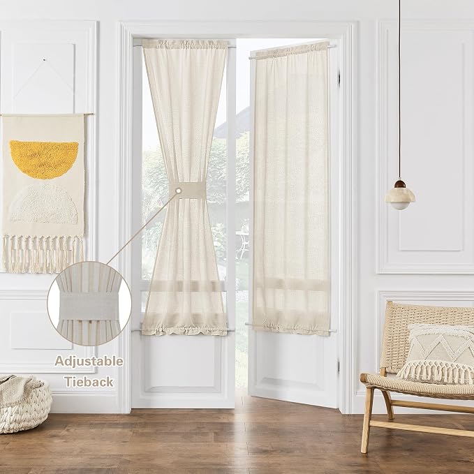 2 Panels Natural Thick Linen Door Curtain W35 x L40 Semi Sheer | Privacy Semi Sheer Light Filtering Drapes, for Bedroom Kitchen Bathroom, Tieback, French Door Curtains, Wrinkle Free