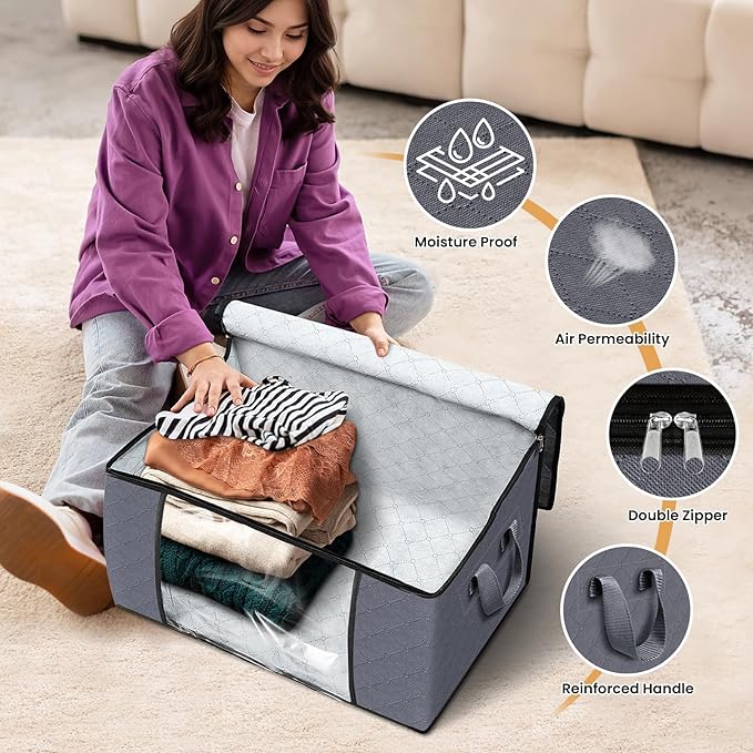 Fab totes 6 Pack Storage Bags for Clothes Blanket Storage Bins with Lids | Foldable Closet Organizers with Zippers,Window and Handles,Fabric Storage Bins for Sweater,Comforter,Bedding,Dorm essentials