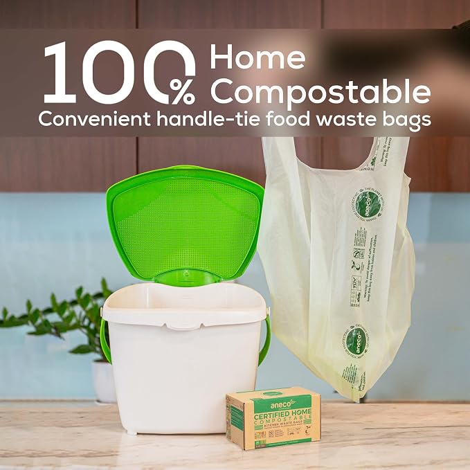 ANECO Compostable Food Waste Bags 3 Gallon With Handles (30 Count) | Extra Strong Compost Bags for Kitchen Countertop Bin - BPI & OK Compost HOME Certified Small Garbage Bags With Handles