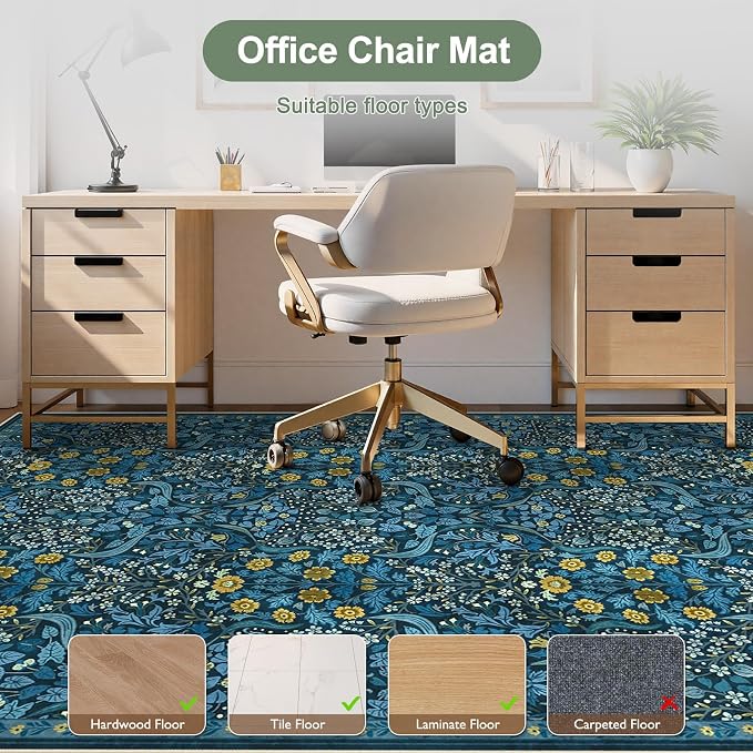 Anidaroel Office Chair Mat for Hardwood Floor/Tile Floor, 8x10 Floral Desk Chair Mat for Hard Floors, Under Desk Rug Protector for Rolling Computer Gaming Chairs, Anti Slip Machine Wash Carpet