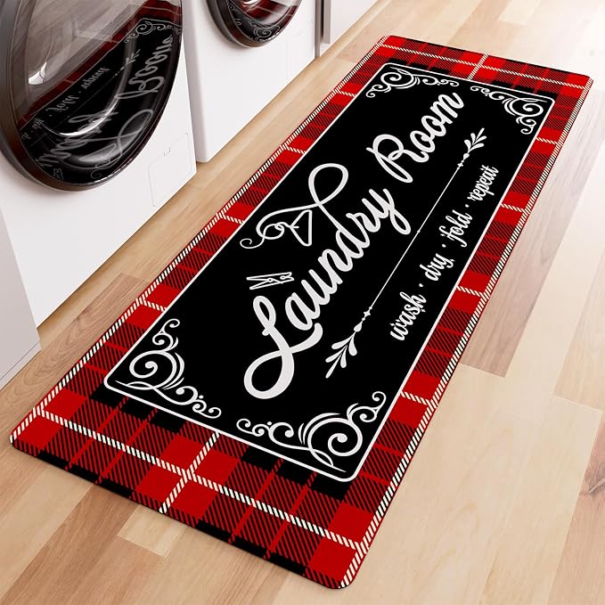 Non-Slip Laundry Room Rug Runner for Christmas Decor 17.3"x47.2" Washable - Bathroom Mudroom Kitchen Mat for Farmhouse Entryway Christmas Decor Christmas Red Buffalo Plaid