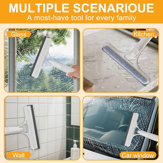 3-in-1 Spray Window Squeegee with Scraper and 2 Cotton Pads, White | Spray, wipe, and squeegee glass with one handheld tool; includes two replaceable cotton cleaning strips