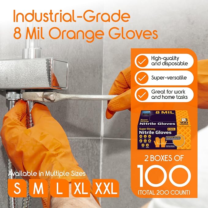 Inspire Heavy Duty Orange Nitrile Gloves | ULTRA 8 Mil Diamond Textured Grip | Industrial Mechanic Disposable Cleaning Gloves