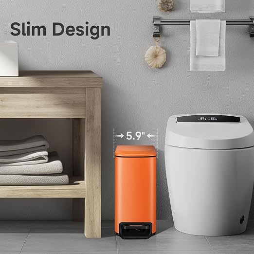 TIPGO Small Bathroom Trash Can with Lid, 1.6 Gal, Soft Close, Orange | Foot Pedal, Soft Quiet Lid, 5.9'' Slim for Narrow Space, Stainless Steel, Anti-fingerprint, Removable Inner Bucket, Odor Seal