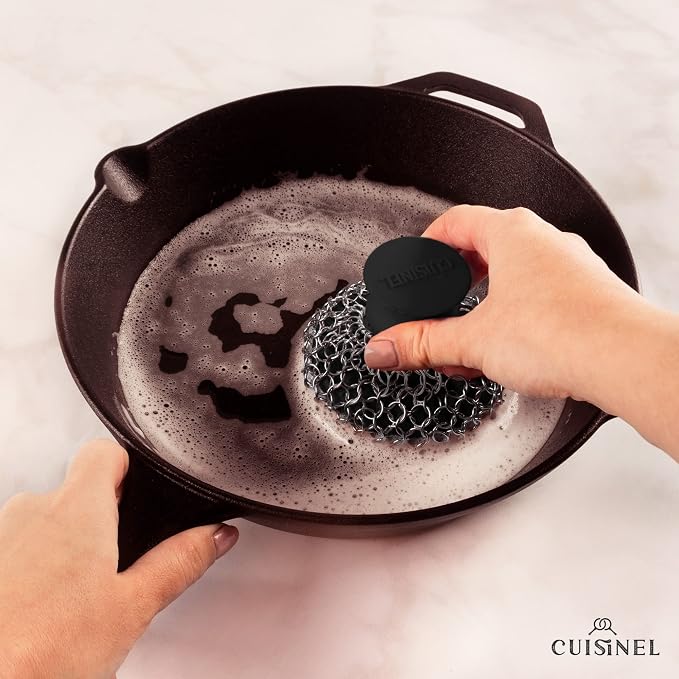 Cuisinel Cast Iron Chainmail Scrubber + Pan Scraper - Deluxe Ergonomic Stainless and Silicone Cleaner for Pots and Skillets - Food-Safe Design - Easy to Clean Dishwasher Safe Cookware Sponge Accessory