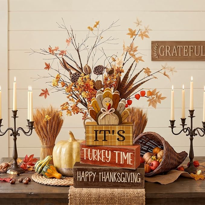 Moucuny 4 Pcs Thanksgiving Table Decorations Wooden Turkey Tiered Tray | Rustic Farmhouse Centerpiece with Turkey Time Signs, Kitchen or Dining Display, Stackable Blocks Gift for Fall Harvest