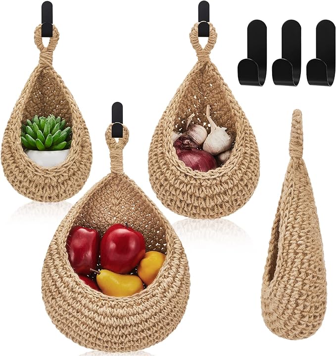 3 Hanging Baskets,Light Linen,Teardrop,Cotton Rope | Wicker Wall Baskets with Hooks for Fruit Vegetable Onion Storage, Teardrop Organizer for Kitchen, Boho Farmhouse Decor
