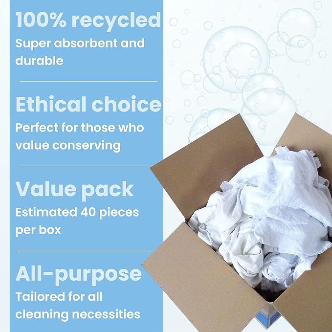 A&A Wiping Cloth Recycled Cut White Flannel Cleaning Rags, 10 Pound Box | Strong & Reusable All-Purpose Towels Perfect for Cleaning and Polishing, Staining, Maintenance, Heavy Spills