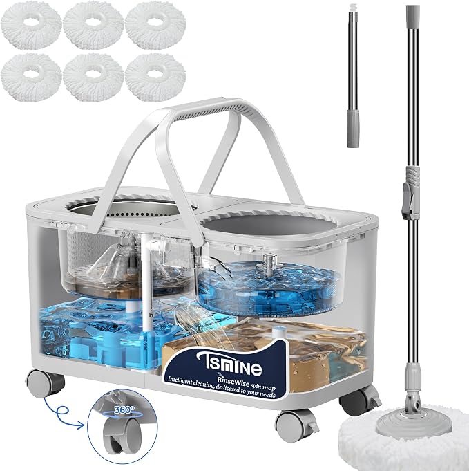 RinseWise Compact Gen 1 Mop Bucket, Clean/Dirty Water Separation, 6 Heads | 1.5 Gal Clean-Water Capacity, 4 Swivel Wheels, 61-Inch Handle, For Apartments, Pet Homes, Hardwood, Laminate & Tile Floors