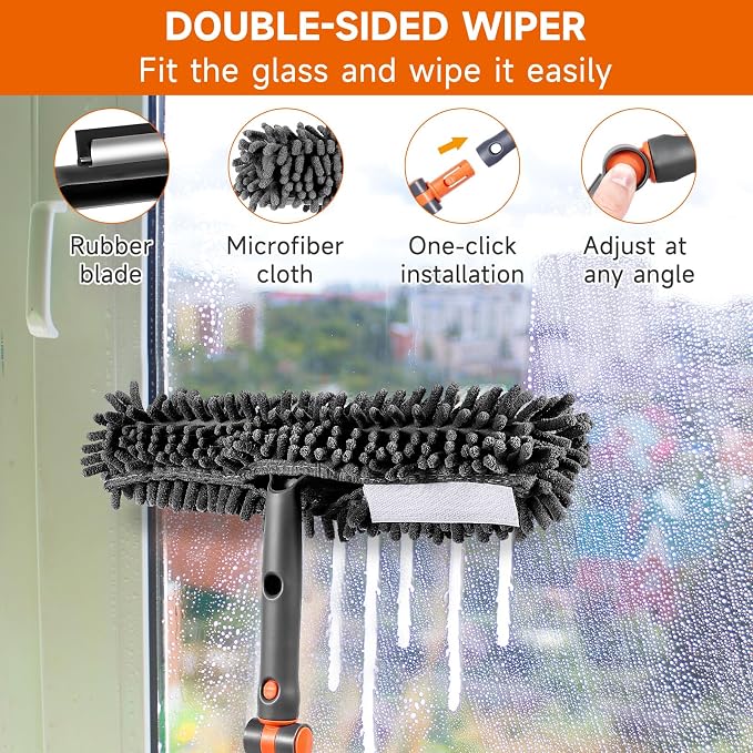 Chabatree 2-in-1 Window Squeegee Cleaner Set with 62" Extendable Pole, Window Cleaning Kit with Bendable Head for Indoor & Outdoor Glass, Professional High Window Cleaning Tool for Car & Home(Kit2.0