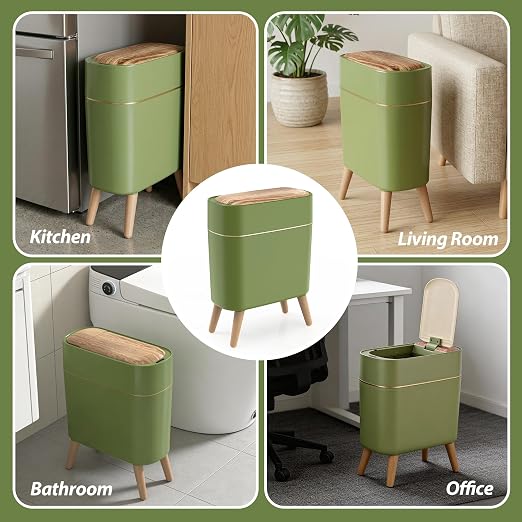 suyika Automatic Trash Can, 2.6 Gallon/10L, Wood Grain Lid and Legs | Bathroom Trash Can with Lid, Touchless, Waterproof Garbage Bin, For Bedroom, Bathroom, Office, Living Room