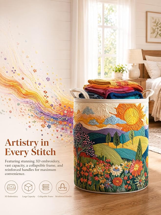 Quilted Laundry Basket with Handles, Boho Floral Quilted Storage Hamper, Large Capacity Laundry Hamper for Nursery Bedroom Laundry Room Home Decor (Pattern 08, Medium (22"H x 16"W x 16"L))