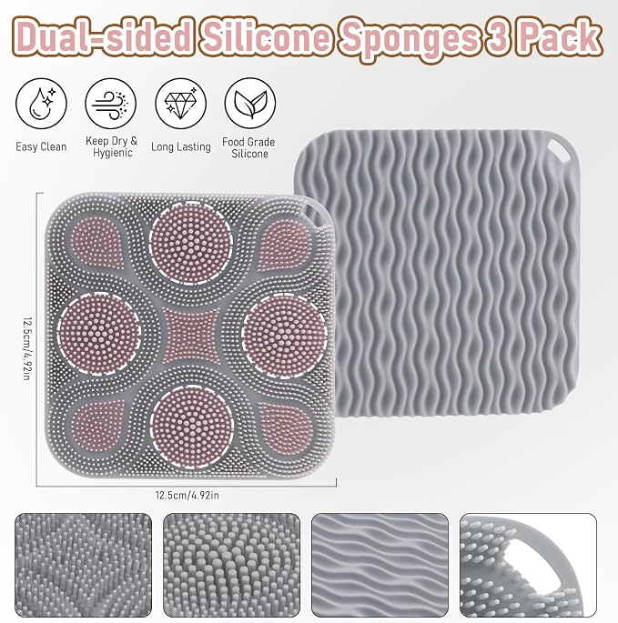 Silicone Sponges for Dishes Fruit Vegetable, Vynusio Silicon Dish Sponge 3 Pack Food-Grade Reusable Durable Efficient Kitchen Gadgets Washing Clean Scrubber Pad, Multipurpose High Resistant Trivet