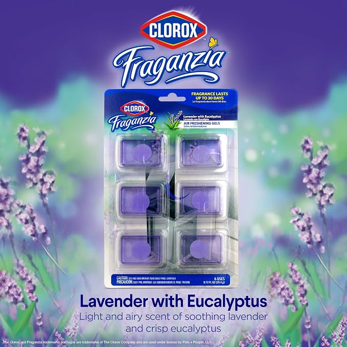 Clorox Fraganzia Stick-On Gel Fresheners, Lavender Eucalyptus, 6 Count | No-plug, battery-free odor absorber lasts up to 30 days; for trash cans, kitchens, and closets