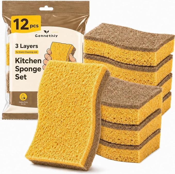 12 PCS Natural Sponges Kitchen, Dish Sponges with Coconut Scrub | Natural cellulose & Coconut fiber scrubber, Non-scratch cleaning, Rich suds fast, Flexible kitchen sponge, Easy Grip Shape