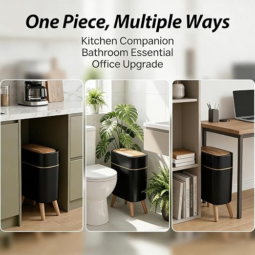 suyika Automatic Trash Can, 2.6 Gallon/10L Bathroom Trash Can with Lid | Wood Grain Lid and Legs, Touchless Waterproof Garbage Bin for Bedroom, Bathroom, Office, Living Room