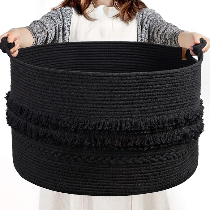 90L Large Woven Rope Blanket Basket with Tassel, 22" x 14", Black | Boho Basket for Toys, Clothes & Pillows Storage, Fits Bedroom Living Room Home Décor, Laundry Hamper with Knotted Handles