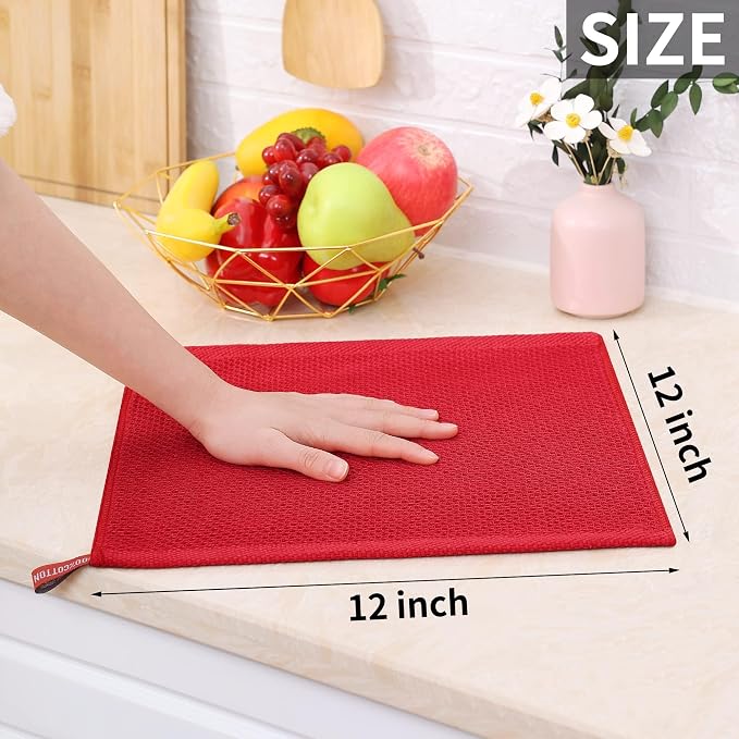Homaxy 100% Cotton Waffle Weave Kitchen Dish Cloths 24-Pack, Red | 12 x 12 Inches, Ultra Soft Absorbent Dish Towels, Quick Drying Dish Rags with Hanging Loop