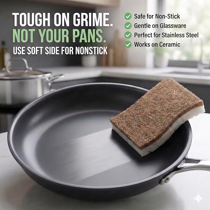12 Pack Washing Up Sponges, Eco Kitchen Dish Cleaning Sponges, Biodegradable & Compostable Natural Cellulose Sponge with Coconut Fibre Scrubber, Non-Scratch Heavy Duty Scouring Pad