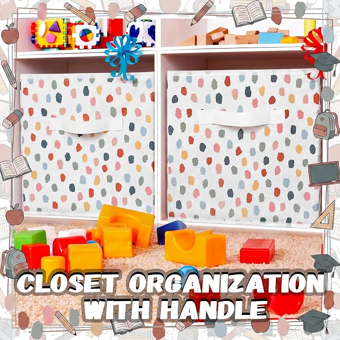 Chunful 6 Pcs 11 Inch Polka Dots Fabric Storage Cube Bin Woven Foldable Storage Cubes for Classroom Basket Bin Classroom Organizer with Handle Decor for Organizing Clothes, Toy, Book