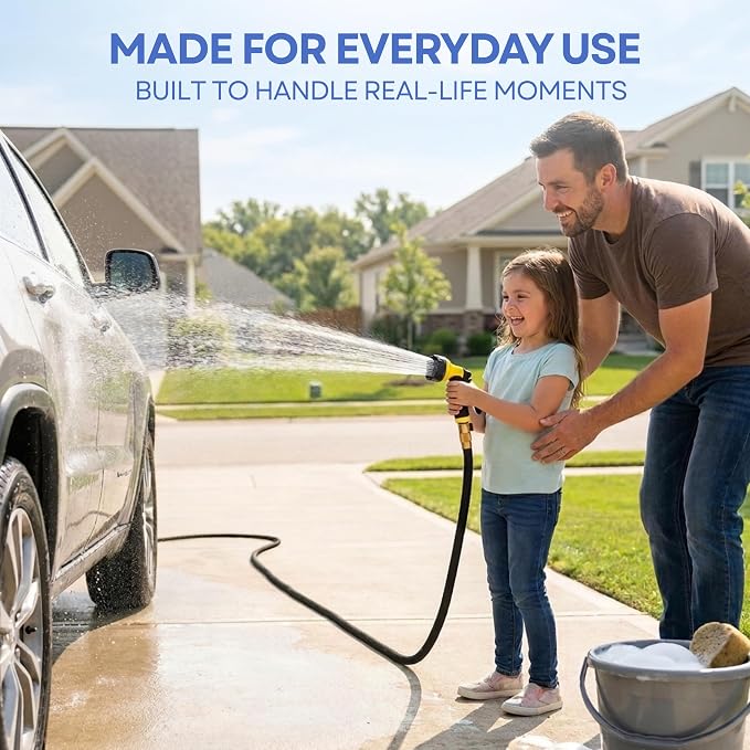 J&B XpandaHose 150ft Expandable Garden Hose, Lightweight, Brass Connectors | Ultra Strong 3750D fabric, 4-layer latex core, expands 3X, kink & leak-resistant, 10-pattern nozzle, storage bag