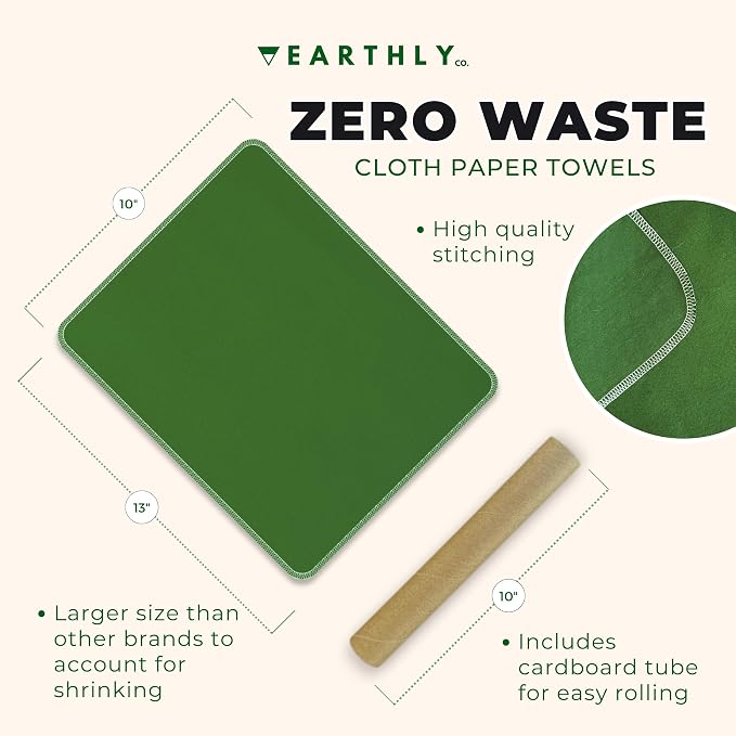 Reusable Paper Towels - 10 Pack - Roll of Washable Cotton Cloth Paper Towels - Paperless Reusable Napkins Cloth Washable - Absorbent + Long Lasting - Zero Waste Products - (Green)