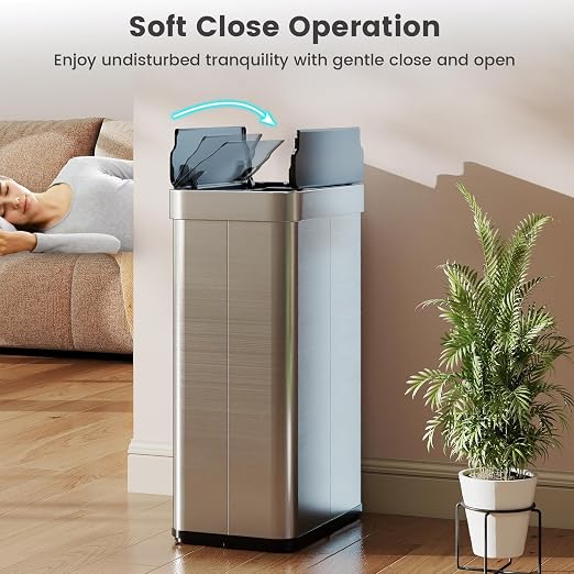 Goplus 16 Gallon Kitchen Trash Can, Stainless Steel Motion Sensor Garbage Can with Butterfly Lids, Slim Automatic Touchless Trash Bin for Kitchen Bedroom Stay Open, Soft Close, Sliver