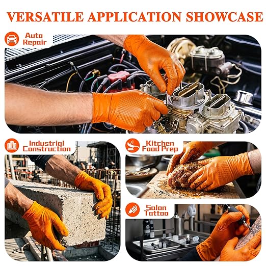 10 Mil Heavy Duty Mechanic Nitrile Gloves, XLarge Orange 100 Count | Diamond Grip,Latex Free,Chemical Resistant Disposable Thick Rubber Gloves for Auto Repair, Industrial, Food, Work ,BBQ,Men