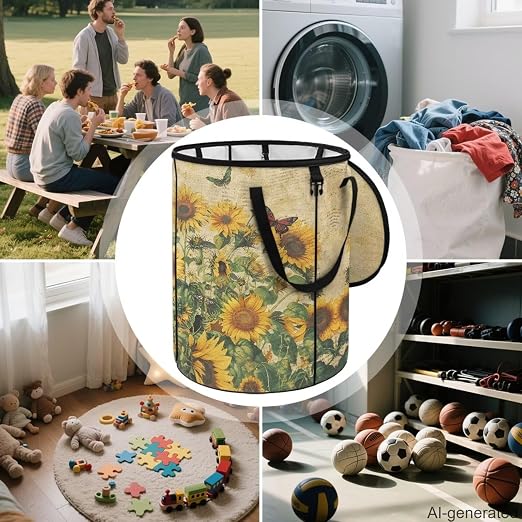 Sunflower Outdoor Trashcan Collapsible Pop up Trash Can with Handles and Lid Flodable Easy to Store Car Camping Supplies 24 Gallon Reusable Container for Yard Garden Waste