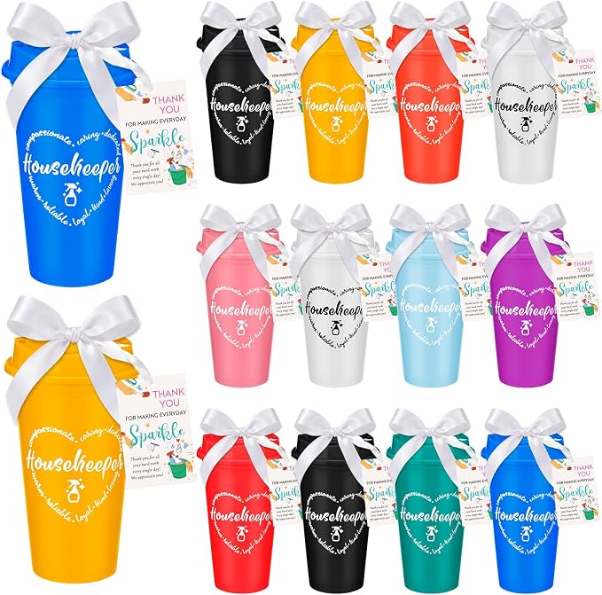 15 Sets Housekeeper Appreciation Gifts Plastic Cups with Lid Card | 10 Colors Portable Plastic Cups with Ribbon, Thank You Gifts for Housekeeping Week, Staff Coworker Team Events Supplies