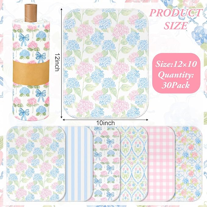 Reusable Kitchen Cloths Cotton Towel, 36 Pack, Pastel Hydrangea | Washable 9.84x11.81in, Paperless Towel Rolls Bulk, Cleaning Cloth Napkins for Dishes