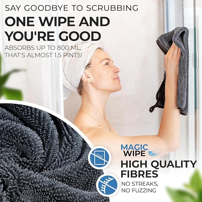 MagicWipe® Bathroom Drying Cloth, 1-40 x 60 cm & 2-30 x 40 Microfibre Cleaning Cloth - Streak & Lint Free Cloth, Premium Quality Drying Towel for Bathrooms, Kitchen, Mirrors (3, Multiplesize Black)