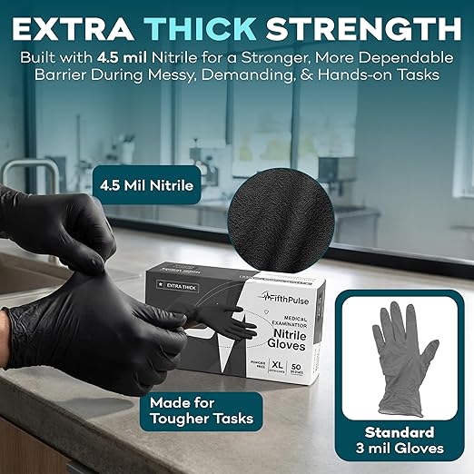 Disposable Black Nitrile Gloves Small 100 Count - Extra Thick 4.5 Mil - Powder and Latex Free Rubber Gloves - Surgical Medical Exam Gloves - Food Safe Cooking Gloves