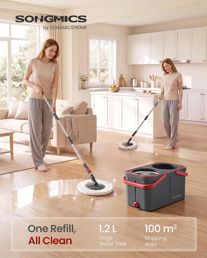 SONGMICS Spin Mop and Bucket Set, 2 Washable Microfiber Mop Heads, Wheels | Separate Clean and Dirty Water, Stainless Steel Wringer, 18.7 x 10 x 9.5 Inch, Gray and Red, CLEMAX Collection ULMB004GT02