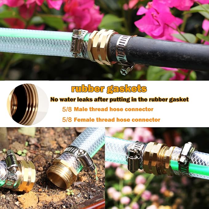 Solid Brass Garden Hose Repair Connector with Clamps Hose End Repair Kit,Fit for Male and Female Hose Fittings (5/8"-3 Set)