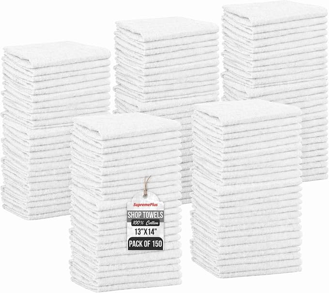 Premium White 100% Cotton Shop Rags Bulk, 150 Pack, 13”x14”, Reusable Lint Free Shop Towels, Commercial-Grade Cleaning Shop Cloths for Oil, Grease, Garage, Workshop, Industrial & Home Use