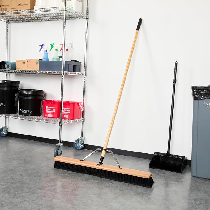 Restaurantware-Clean Tek Professional 36 Inch Push Broom, 1 Heavy-Duty Broom with 60â€ Handle - Fine Plastic Bristles, Durable, Wooden, Commercial Use, for Deck, Driveway, Garage, Yard, Patio