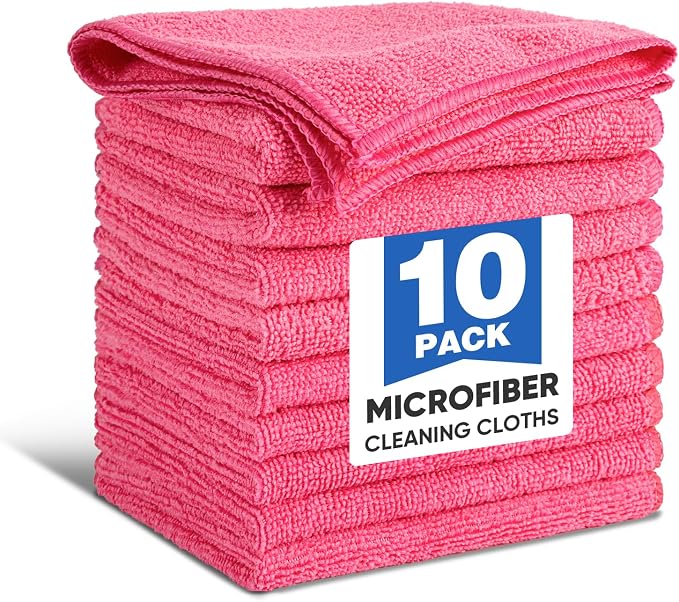 TEAWOO 10 PCS Pink Microfiber Cleaning Cloths, Assorted Cleaning Rags | Microfiber Towels, Car Towels, Kitchen Towels, Bathroom Towels, Household Cleaning, 11.8"X11.8"
