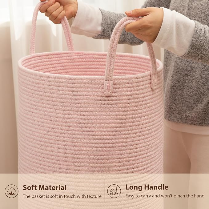 OIAHOMY 80L Nursery Hamper Laundry Basket Laundry Hamper Pink | collapsible Blanket Basket Cotton Rope Woven Basket Dirty Clothes Hamper Baby Hamper Tall Clothes Hamper with Handles
