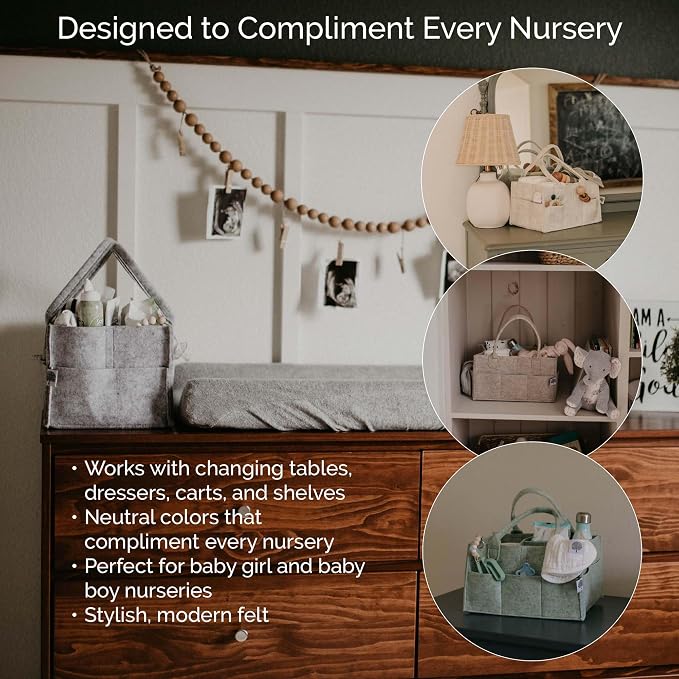 Parker Baby Co. Felt Diaper Caddy Organizer - Regular, Gray | Portable nursery storage bin for diapers, wipes, bottles & baby essentials for home/car. Soft felt, foldable design 13x9x7"