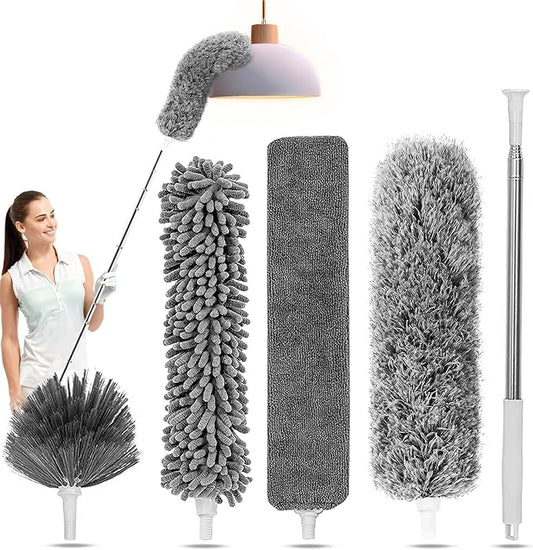 Duster with Extension Pole - Grey | 5-in-1 Kit Dusters for Cleaning, Extendable Duster with 100 Inches, Microfiber Dusters for Ceiling Fans, Furniture, Blinds