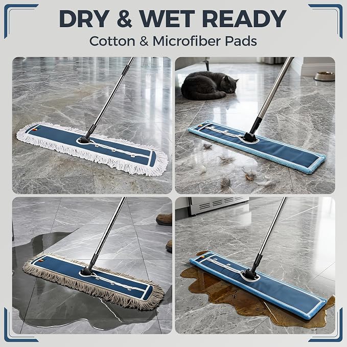 42" Commercial Dust Mop for Floor Cleaning, Heavy Duty Industrial Mop | Large Flat Mop with Long Handle, Push Mop with 2 Different Mops Pads, for Hardwood, Tile, Gym, Office, Mall, Warehouse