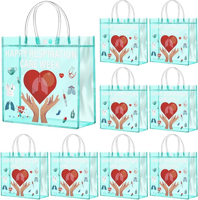 FunooFuno 20 Pcs Respiratory Care Week Appreciation Gift Bags with Handles Respiratory Therapist Clear PVC Bags RT Appreciation Reusable Plastic Gifts for Social Worker Volunteer Doctor Nurse Coworker