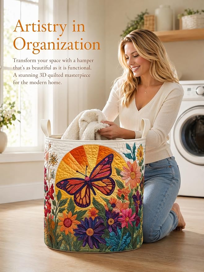 Quilted Laundry Basket with Handles, Boho Floral Quilted Storage Hamper, Large Capacity Laundry Hamper for Nursery Bedroom Laundry Room Home Decor (Pattern 05, Medium (22"H x 16"W x 16"L))